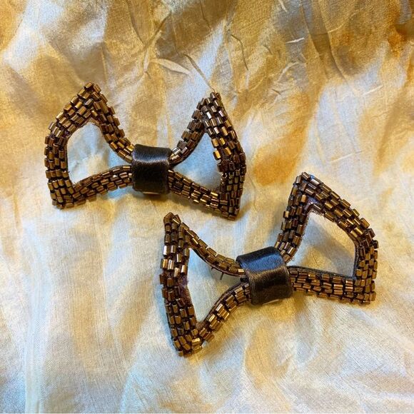 Vintage Copper Color Beaded Clip on Shoe Bows Buckles - Picture 3 of 4